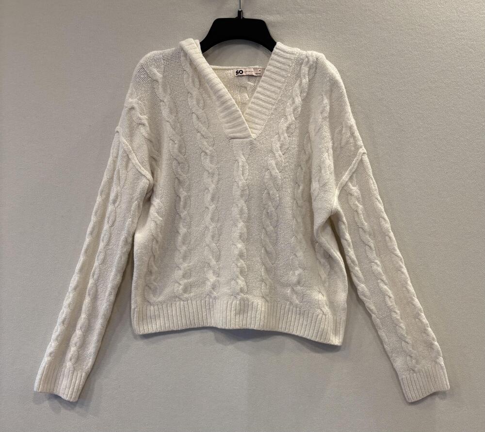 SO Goods For Life Sweater Juniors Medium White Cable Knit Hooded V Neck